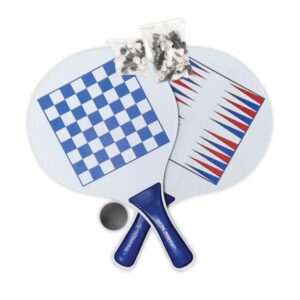 זוג מטקות עם משחקי לוח וכדור, בתיק נשיאה