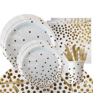סט 91 כלים חד פעמיים (ל- 10 אורחים) – לבן עם נקודות זהובות