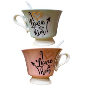 סט 2 ספלים לזוגות I love him/her - עם כפיות